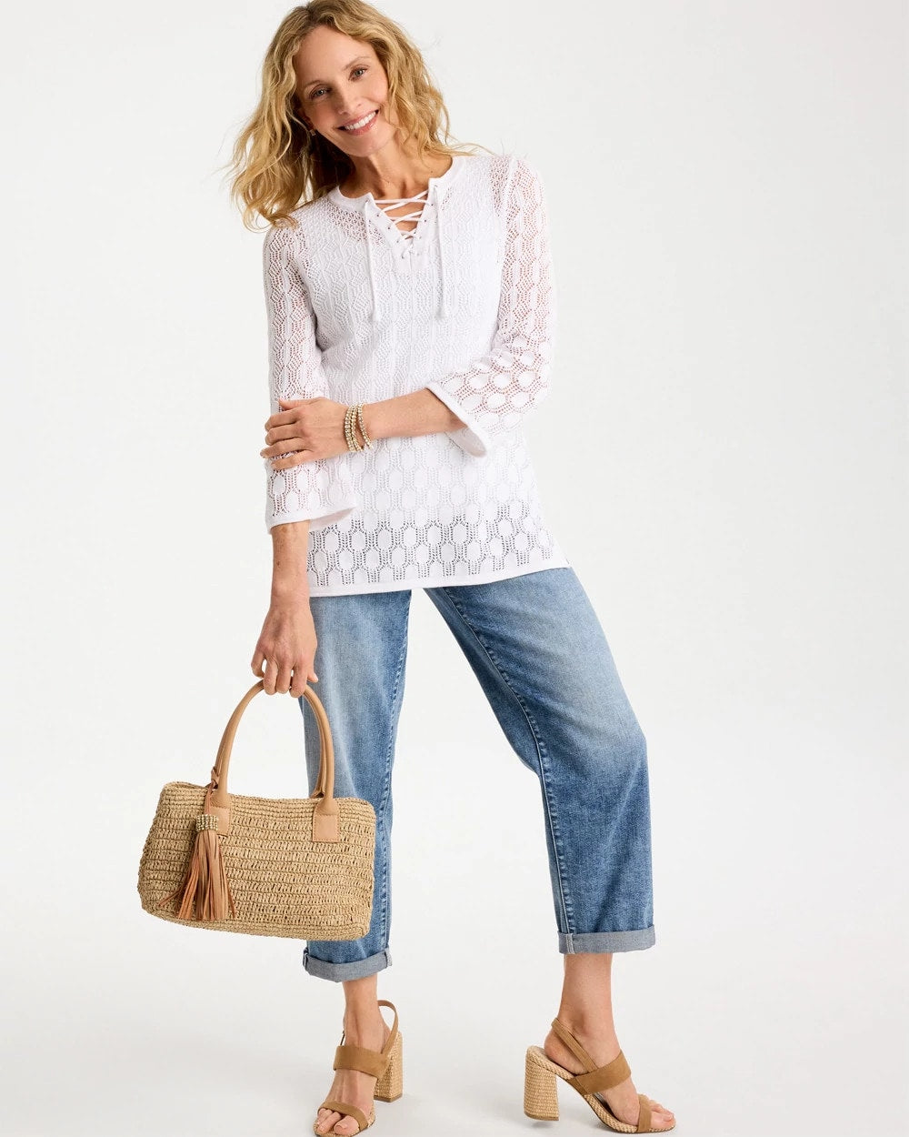 Chico's Discount Alabaster Cotton-Linen Lace Notch-Neck Sweater