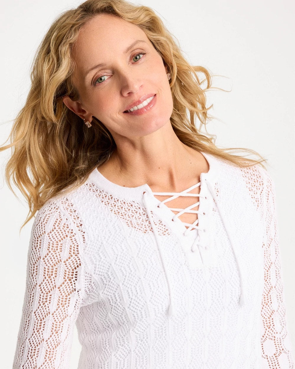 Chico's Discount Alabaster Cotton-Linen Lace Notch-Neck Sweater