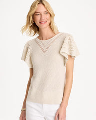 Chico's Outlet Cream Pointelle Metallic Flutter-Sleeve Pullover