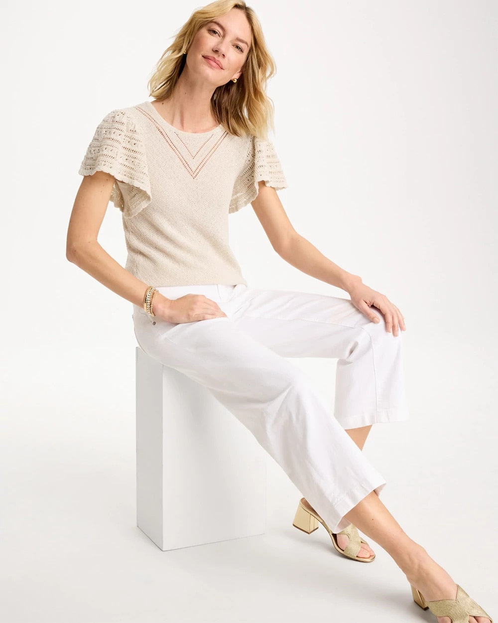 Chico's Outlet Cream Pointelle Metallic Flutter-Sleeve Pullover