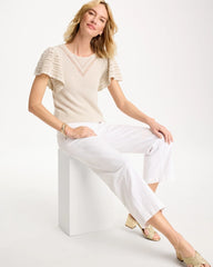 Chico's Outlet Cream Pointelle Metallic Flutter-Sleeve Pullover