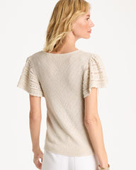 Chico's Outlet Cream Pointelle Metallic Flutter-Sleeve Pullover