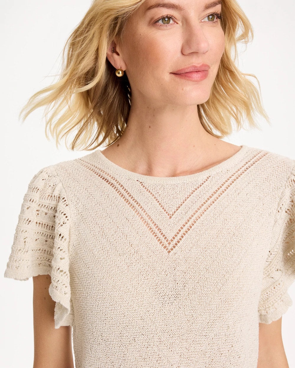 Chico's Outlet Cream Pointelle Metallic Flutter-Sleeve Pullover