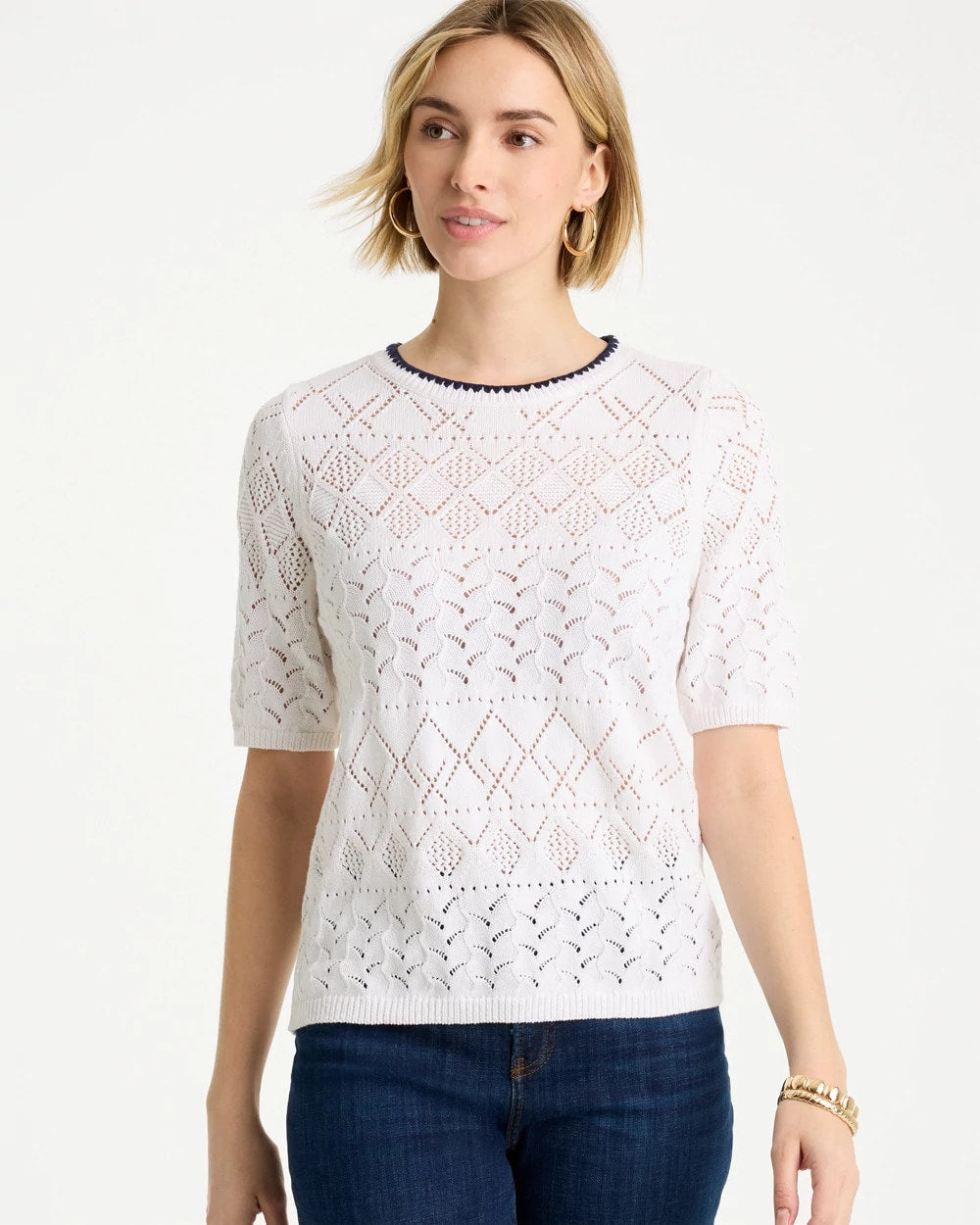 Chico's On Sale Alabaster Pointelle Blanket-Stitch Pullover Sweater