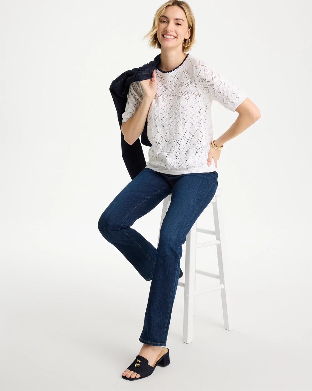 Chico's On Sale Alabaster Pointelle Blanket-Stitch Pullover Sweater