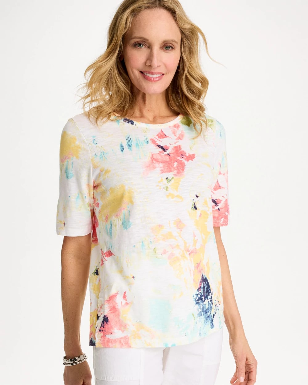 Chico's Outlet Bondi Blue Cotton Slub Printed Henley Tee