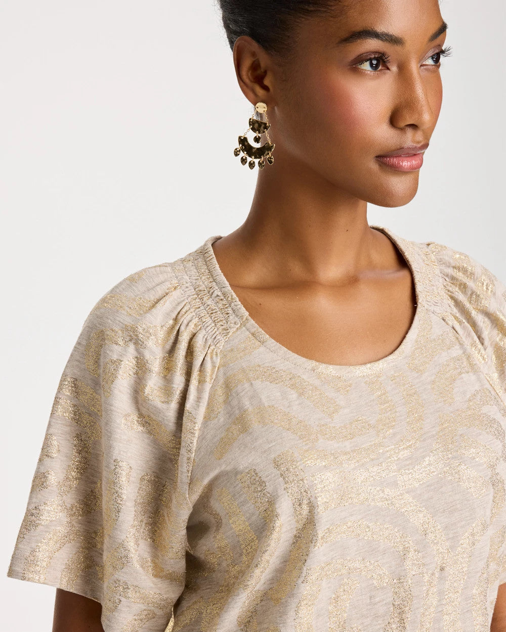 Chico's On Sale Smokey Taupe Cotton Foiled Shirred Tee
