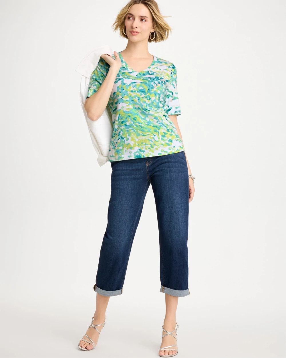 Chico's For Sale Bondi Blue Pima Printed Elbow Sleeve Tee