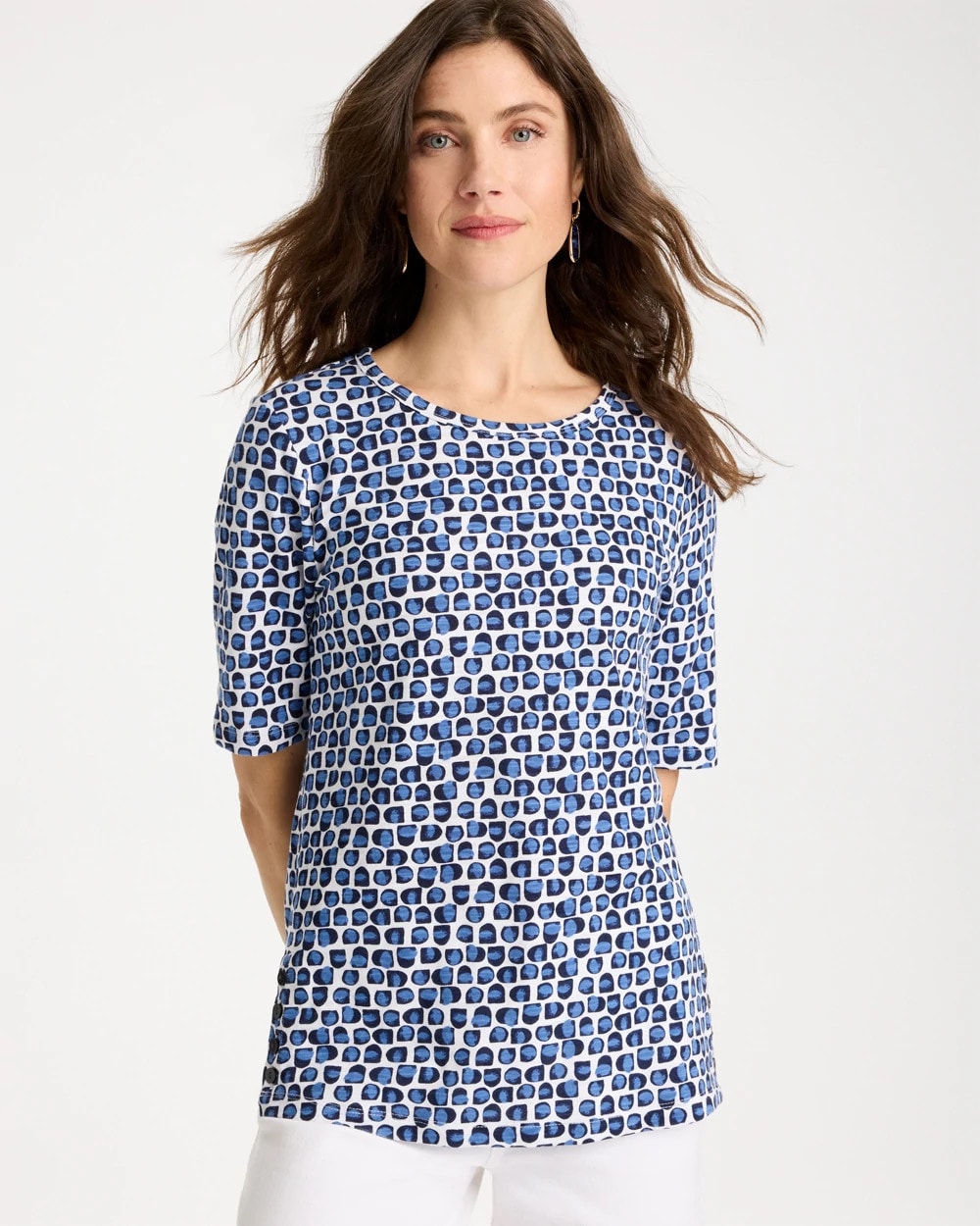 Chico's Discount Passport Blue Cotton Slub Printed Tee
