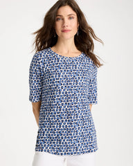 Chico's Discount Passport Blue Cotton Slub Printed Tee