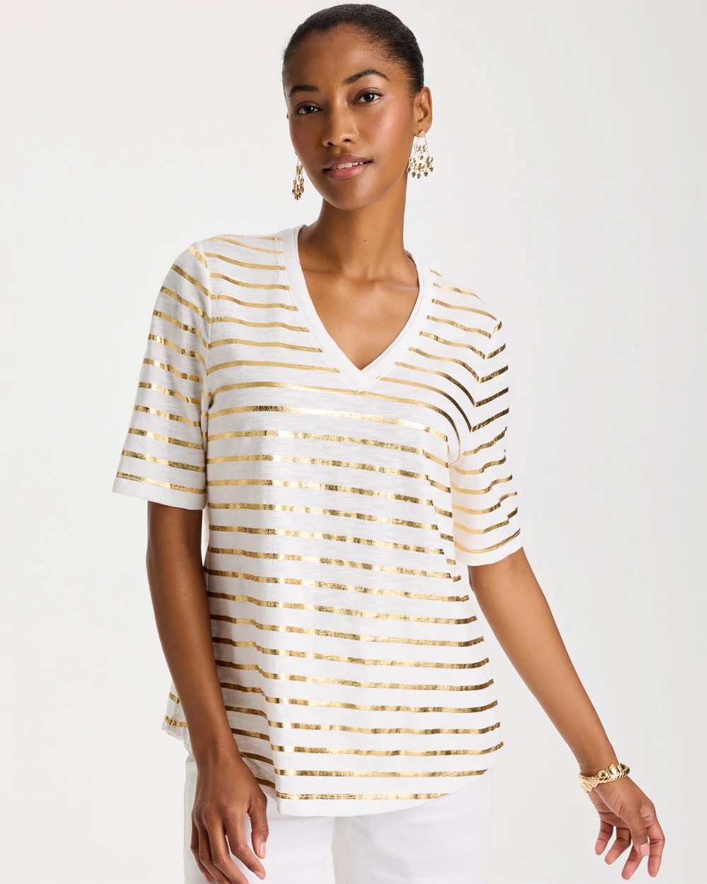 Chico's Sale Alabaster Striped Cotton Slub V-Neck Tee