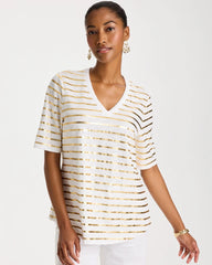 Chico's Sale Alabaster Striped Cotton Slub V-Neck Tee