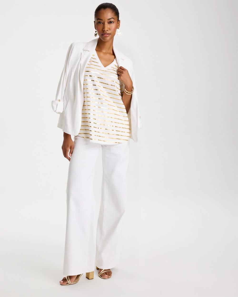 Chico's Sale Alabaster Striped Cotton Slub V-Neck Tee