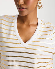 Chico's Sale Alabaster Striped Cotton Slub V-Neck Tee
