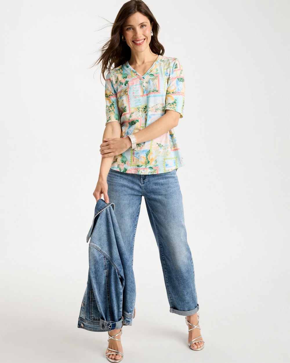 Chico's Outlet Bondi Blue Limoni Dolci Cotton Slub V-Neck Tee
