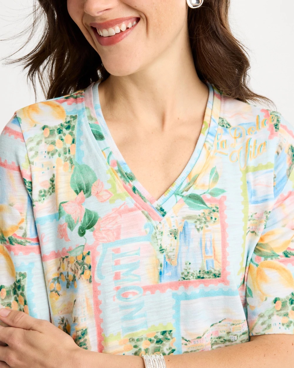 Chico's Outlet Bondi Blue Limoni Dolci Cotton Slub V-Neck Tee
