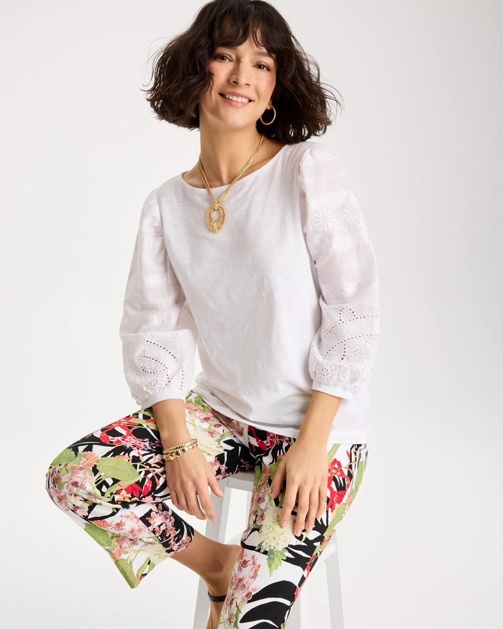 Chico's On Sale Alabaster Cotton Eyelet Sleeve Tee