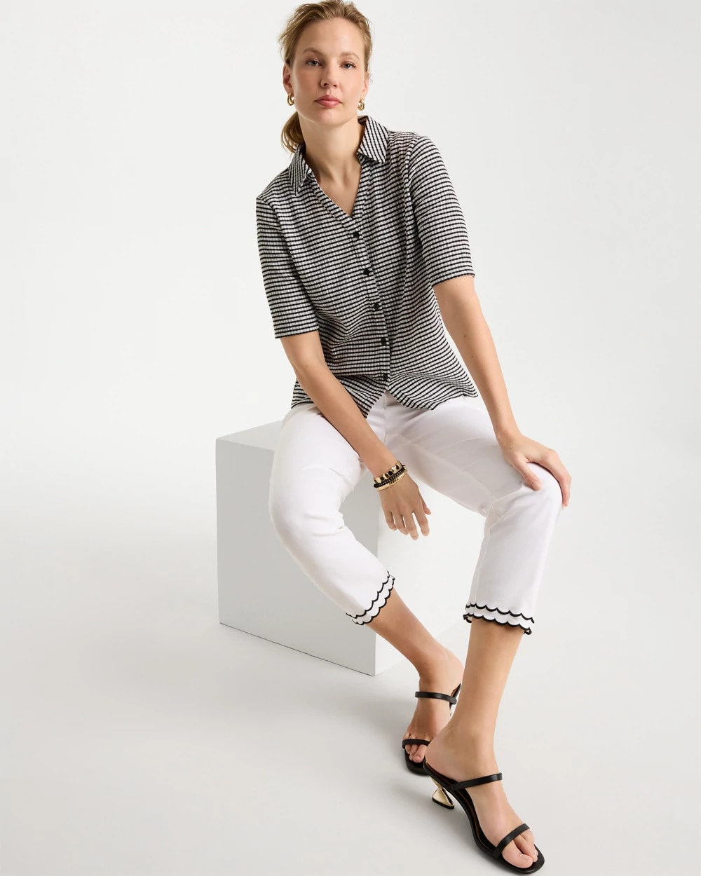 Chico's Online Black Gingham Textured Camp Tee