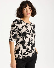 Chico's Sale Black Flora Linen Ruched Sleeve Tee