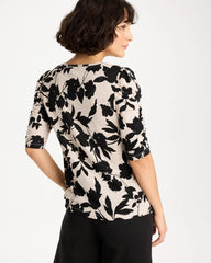 Chico's Sale Black Flora Linen Ruched Sleeve Tee