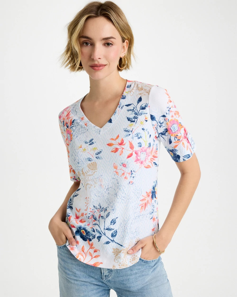 Chico's Online Calypso Coral Pima Floral Elbow Sleeve Tee