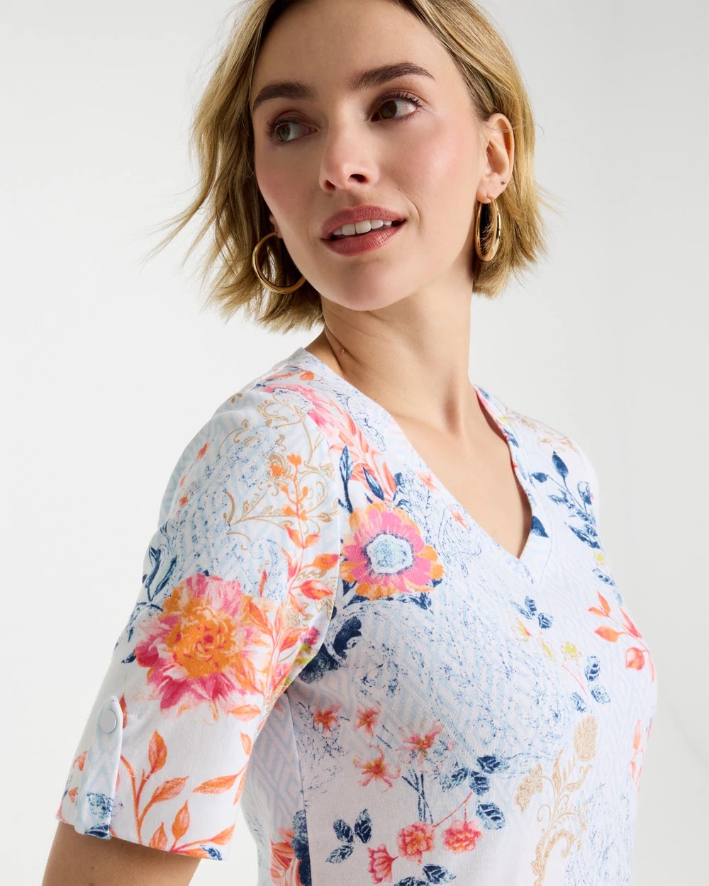 Chico's Online Calypso Coral Pima Floral Elbow Sleeve Tee