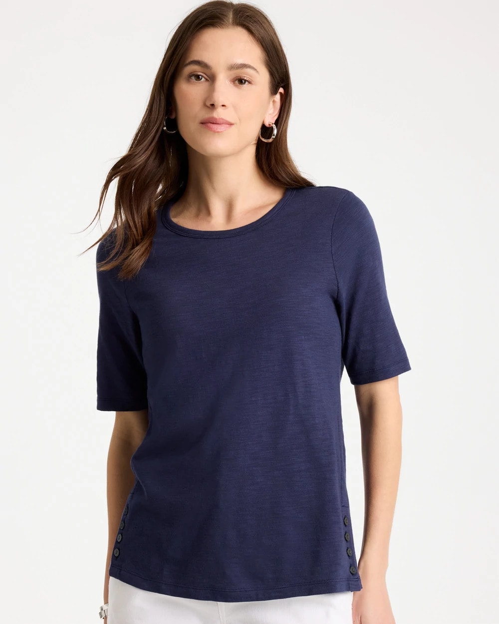 Chico's Discount Passport Blue Cotton Slub Crewneck Button Tee