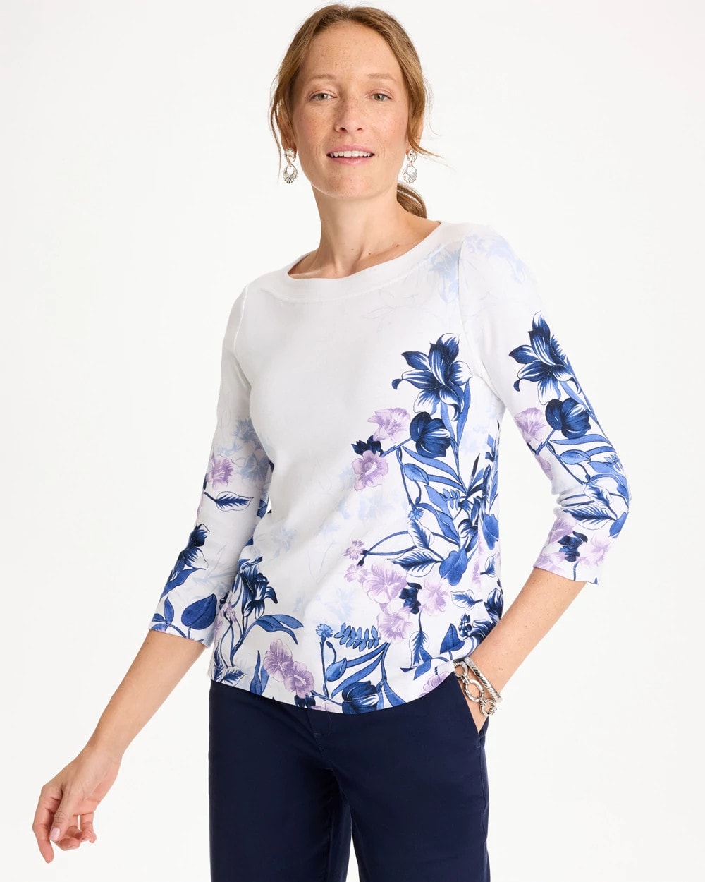 Chico's Sale Passport Blue Printed Pima 3/4 Sleeve Tee