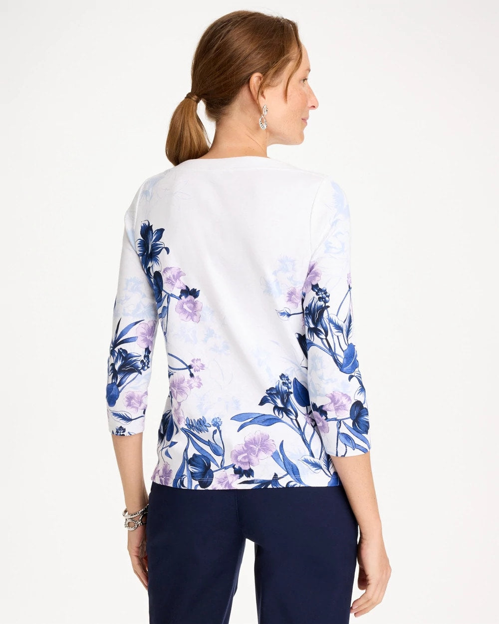 Chico's Sale Passport Blue Printed Pima 3/4 Sleeve Tee