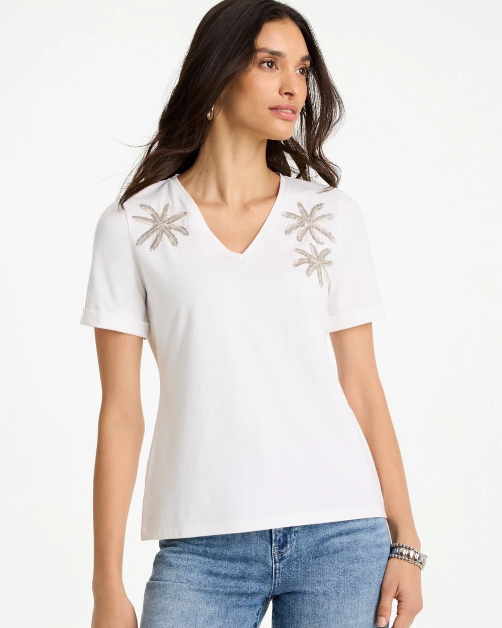 Chico's On Sale Alabaster Cotton Stretch Palm Sequin Tee