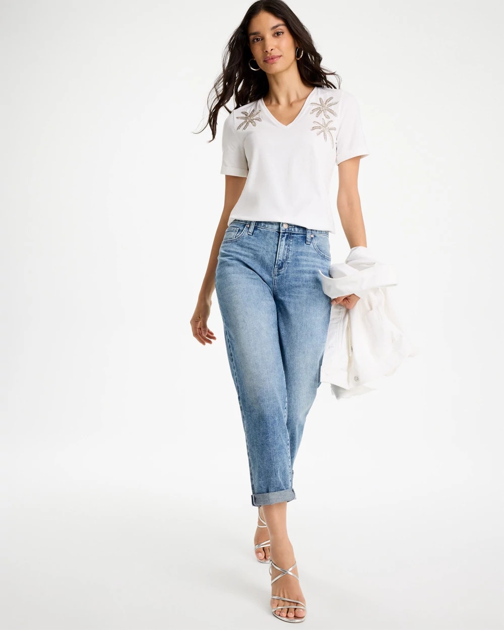 Chico's On Sale Alabaster Cotton Stretch Palm Sequin Tee