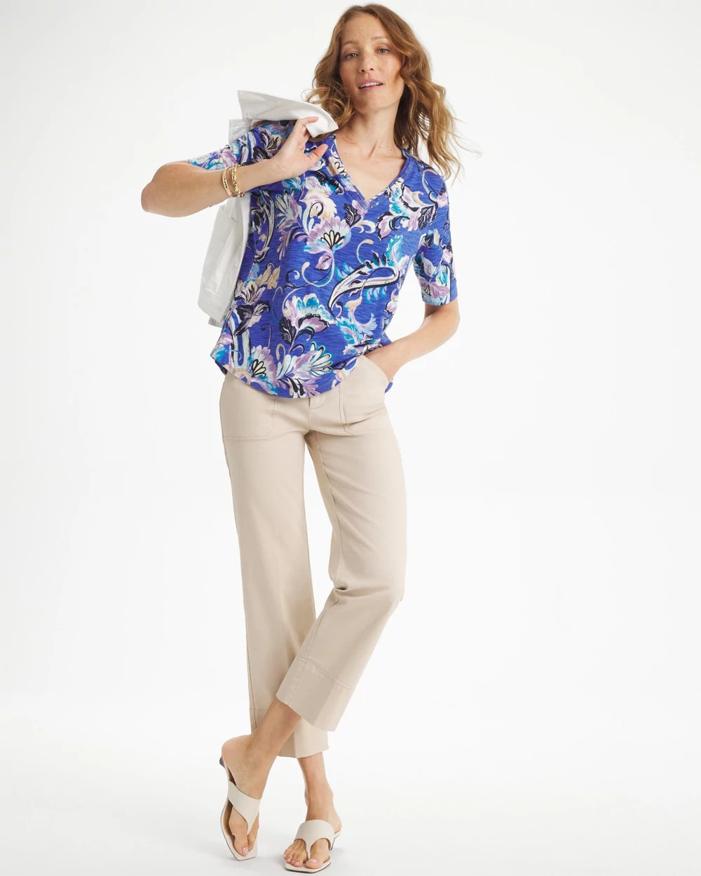 Chico's Online Amparo Blue Paisley Cotton Slub V-Neck Tee