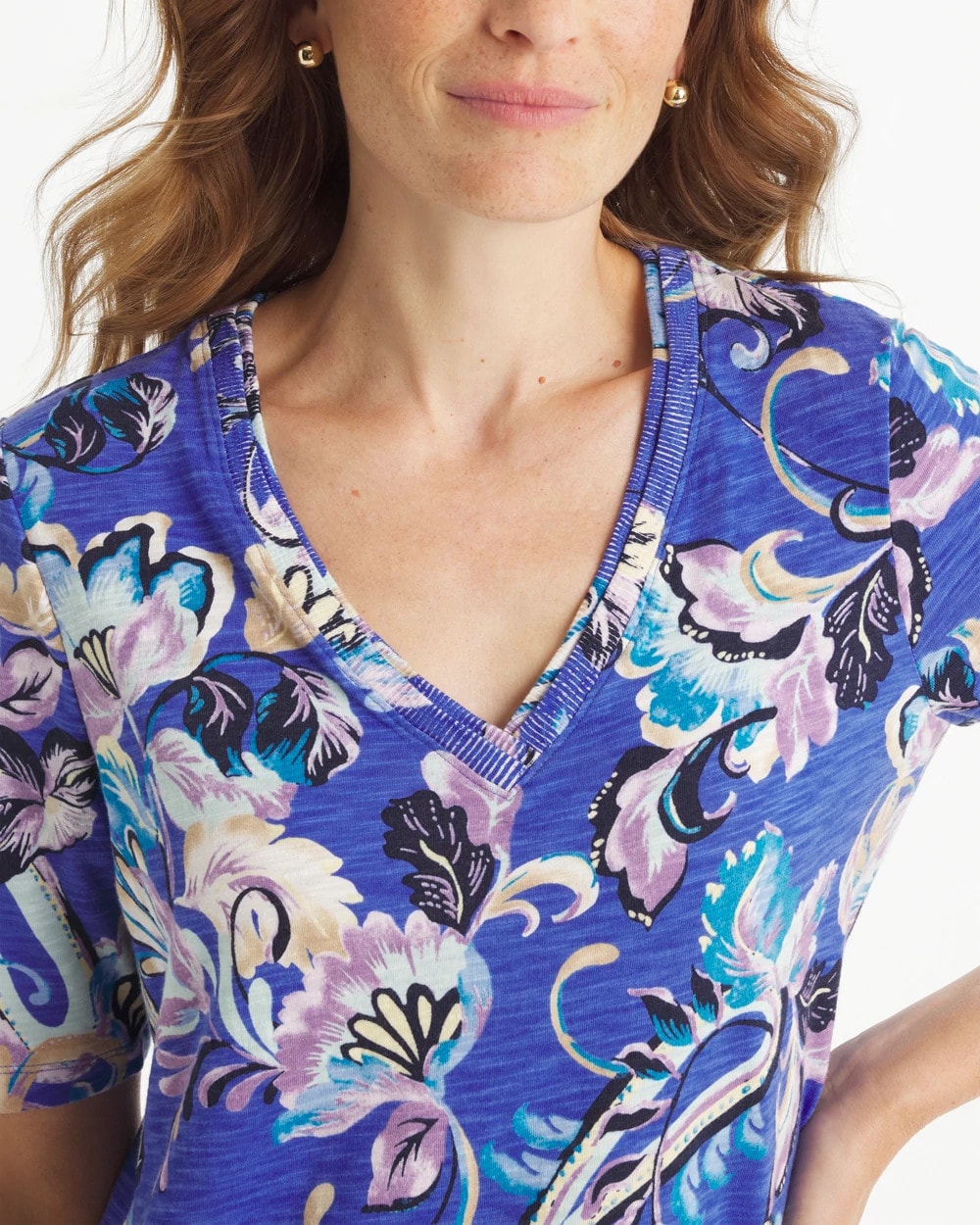 Chico's Online Amparo Blue Paisley Cotton Slub V-Neck Tee