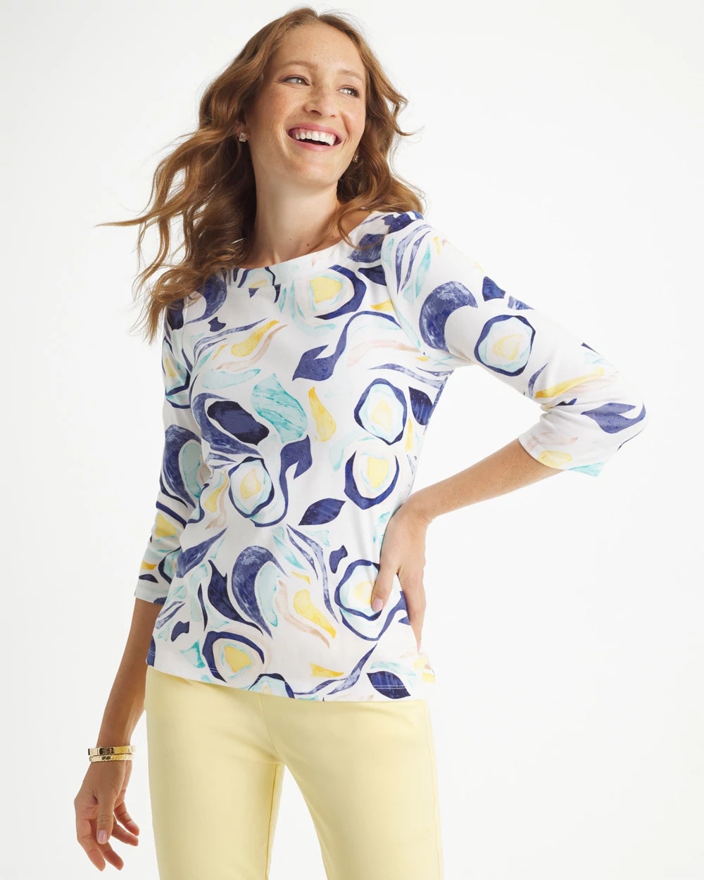 Chico's Discount Passport Blue Abstract Pima 3/4 Sleeve Tee