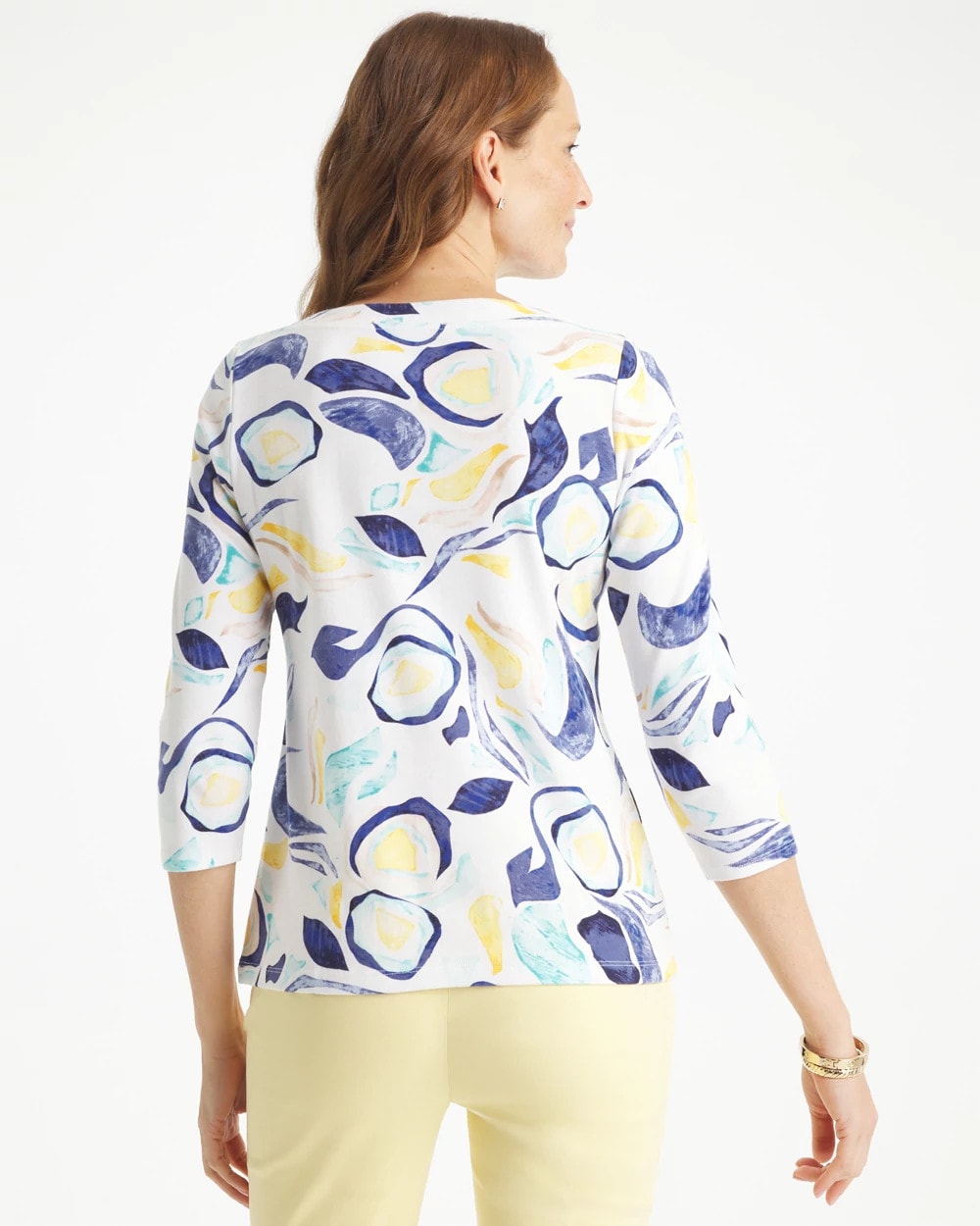 Chico's Discount Passport Blue Abstract Pima 3/4 Sleeve Tee