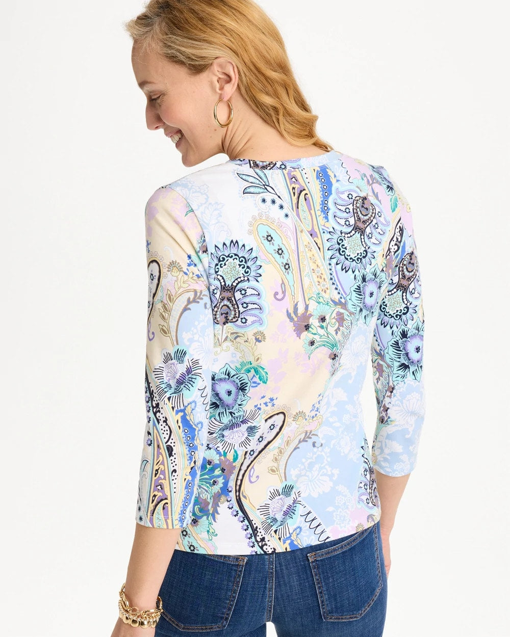 Chico's For Sale Passport Blue Patch Cotton Stretch 3/4 Sleeve Tee