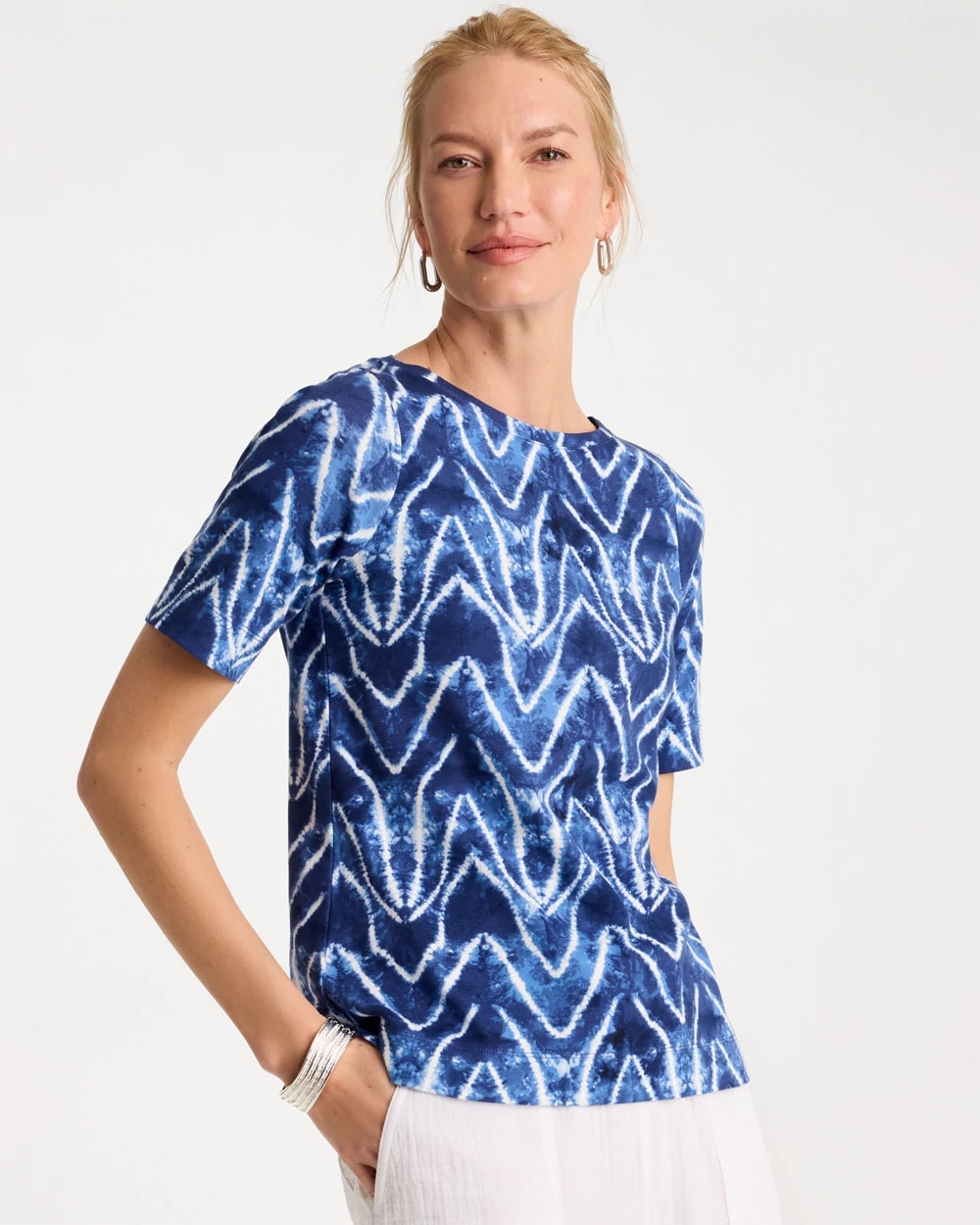 Chico's Online Passport Blue Tie Dye Chevron Pima Elbow Sleeve Tee