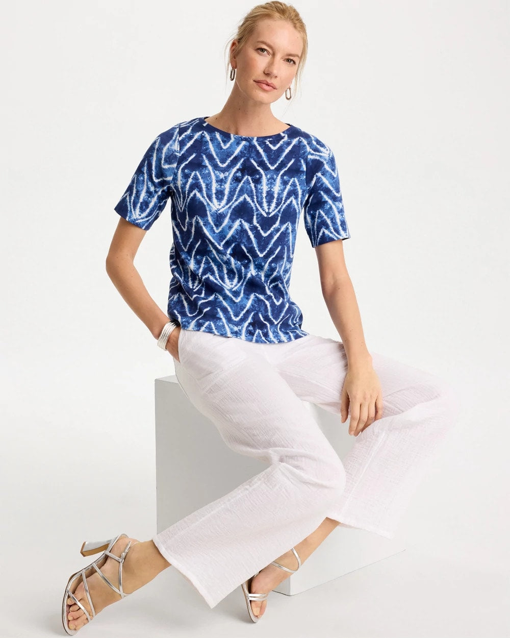Chico's Online Passport Blue Tie Dye Chevron Pima Elbow Sleeve Tee