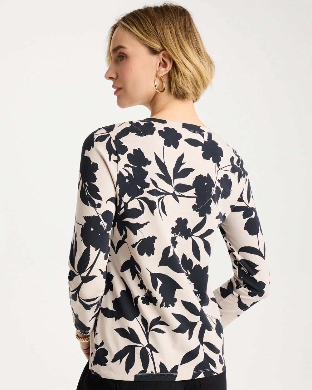Chico's Outlet Black Cotton Stretch 3/4 Sleeve Floral Tee