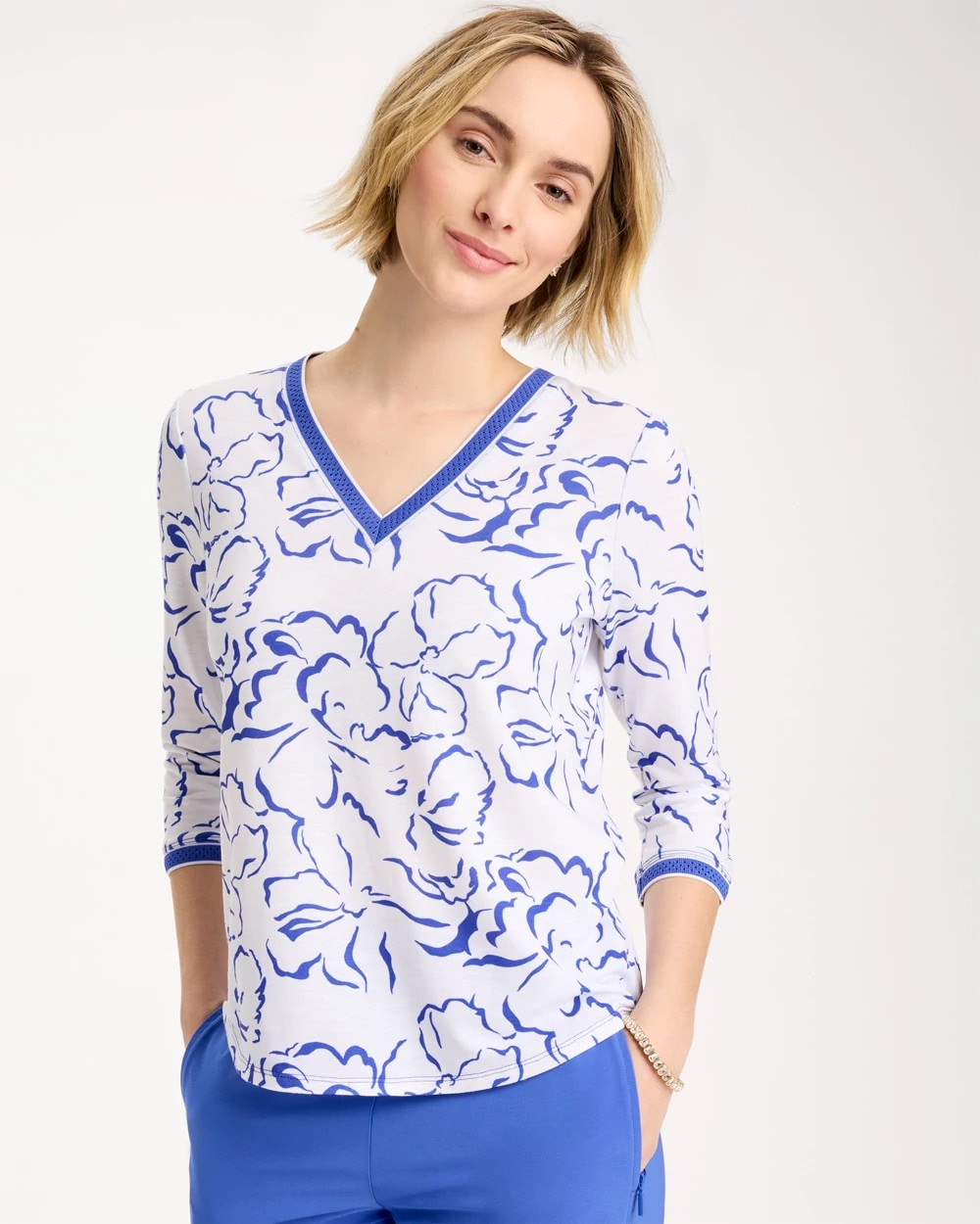 Chico's On Sale Amparo Blue Zenergy® Slub Knit Mesh Trim Tee