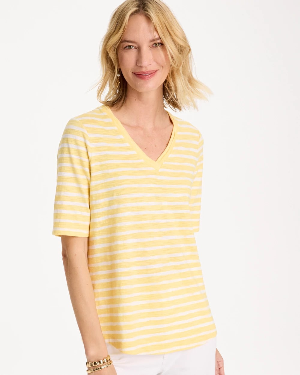 Chico's For Sale Golden Haze Striped Cotton Slub V-Neck Tee