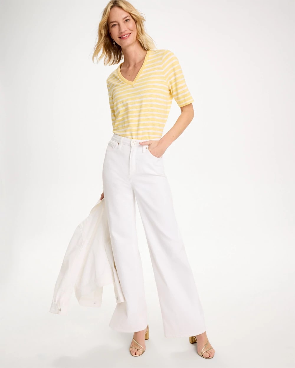 Chico's For Sale Golden Haze Striped Cotton Slub V-Neck Tee