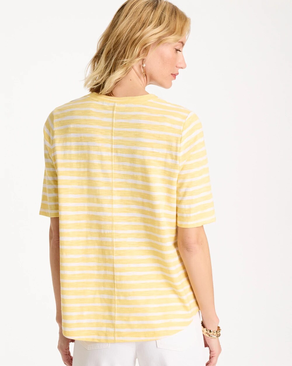 Chico's For Sale Golden Haze Striped Cotton Slub V-Neck Tee