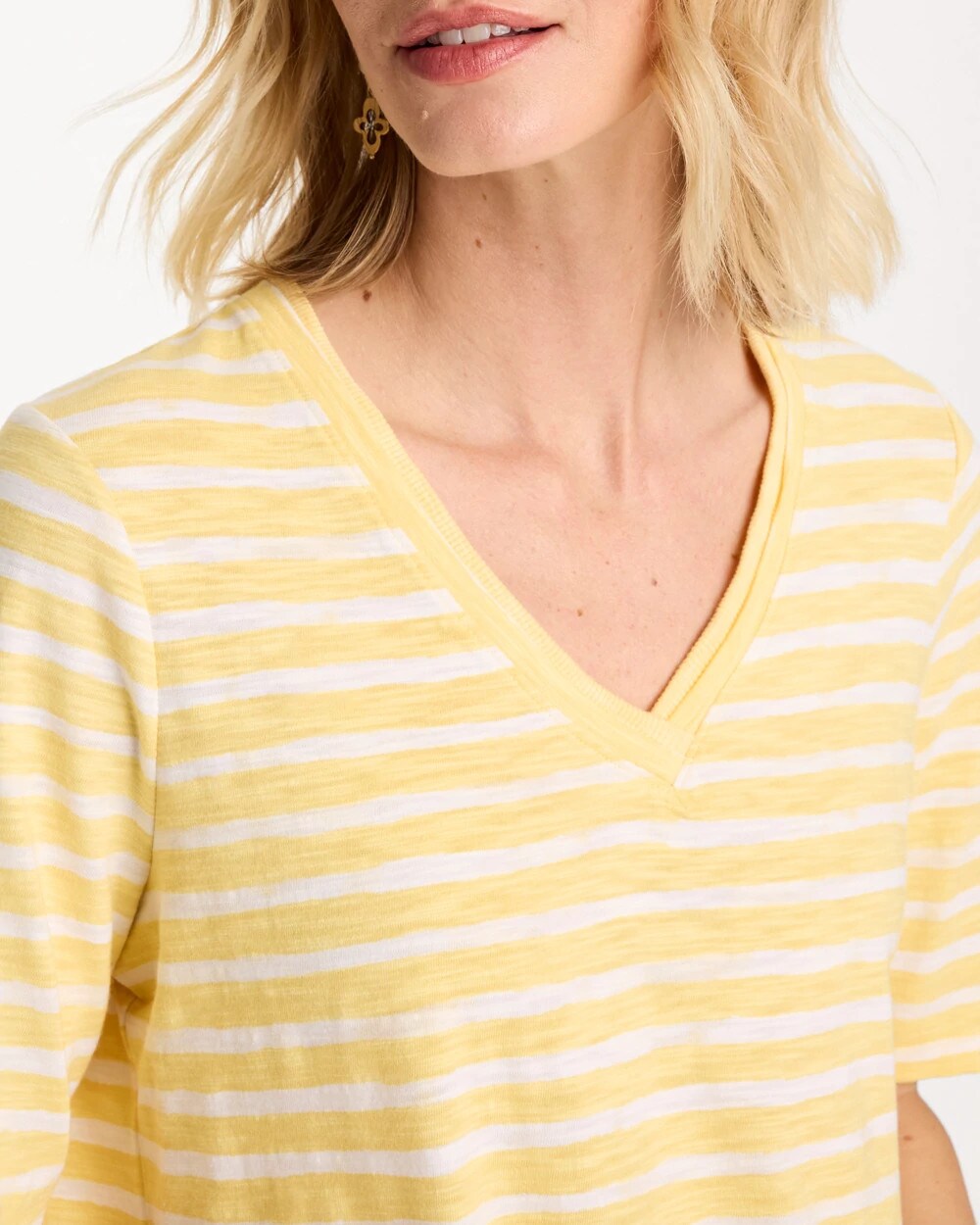 Chico's For Sale Golden Haze Striped Cotton Slub V-Neck Tee