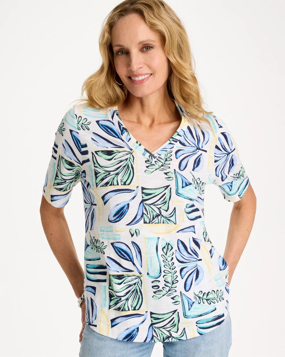 Chico's Online Green Clover Palm Cotton Slub V-Neck Tee