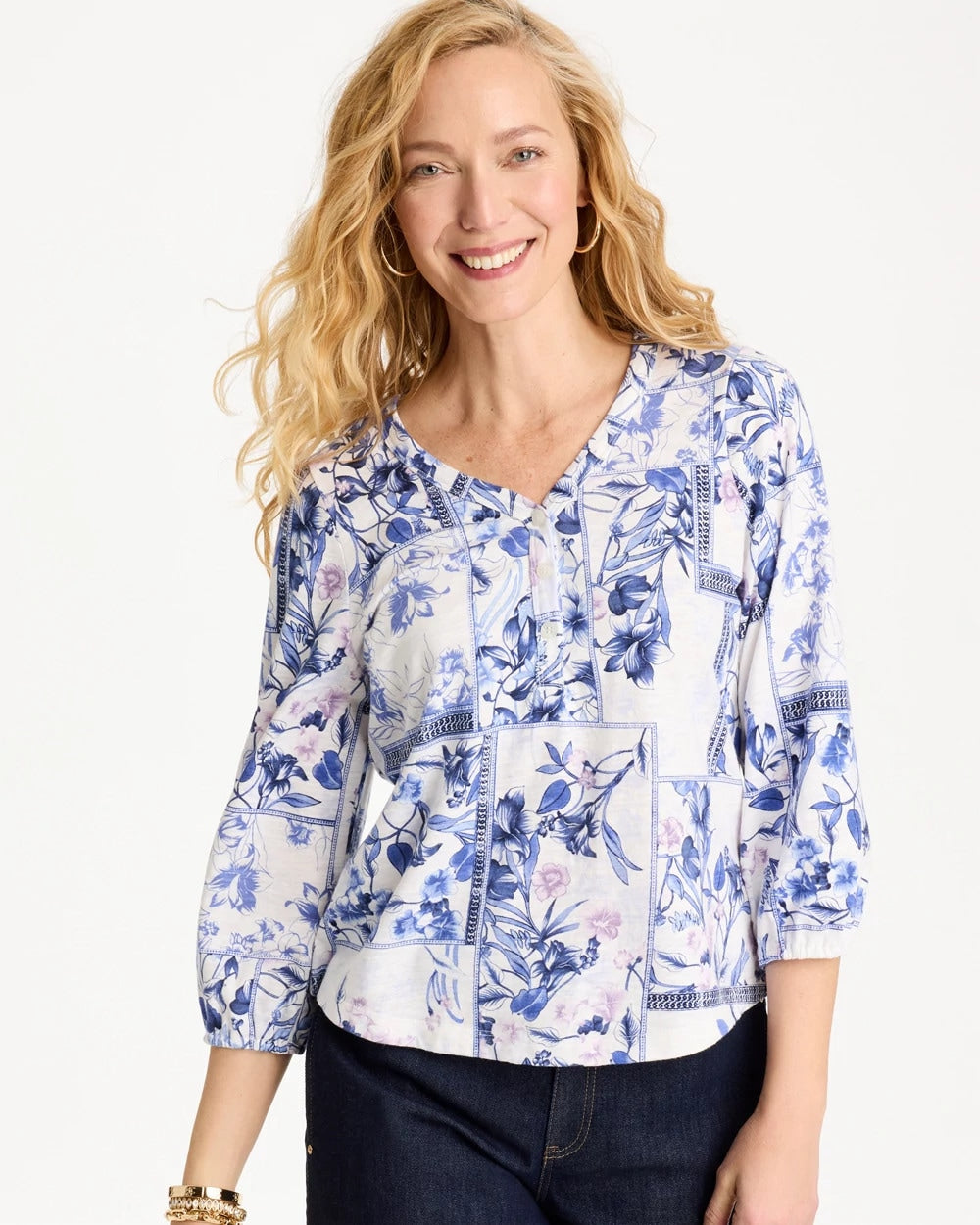 Chico's Sale Passport Blue Elle Puff Sleeve Cotton Slub Henley Tee