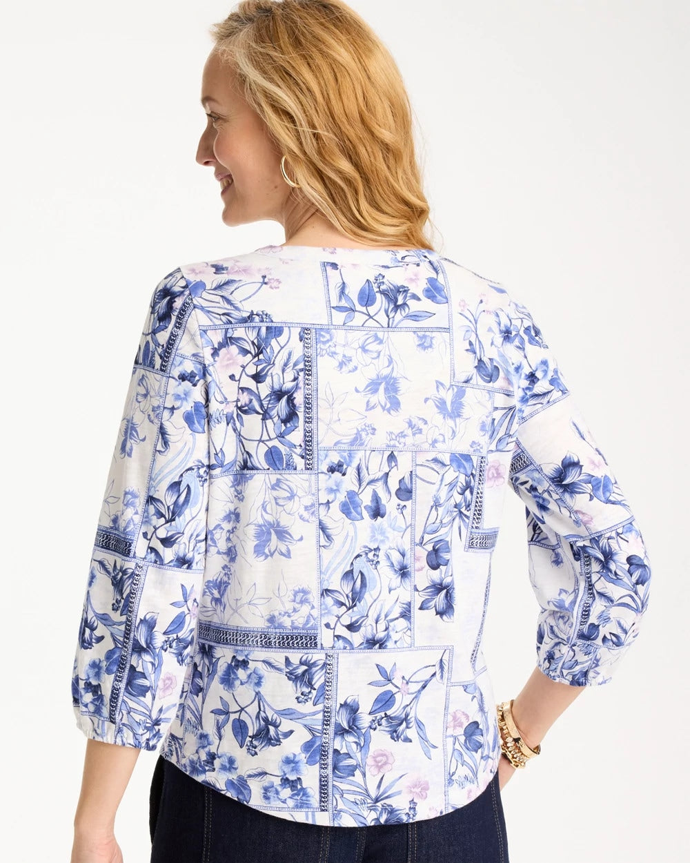 Chico's Sale Passport Blue Elle Puff Sleeve Cotton Slub Henley Tee