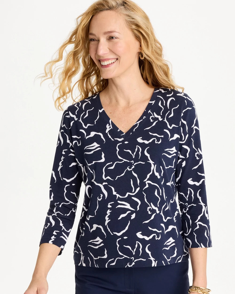 Chico's On Sale Passport Blue Maya Cotton Stretch 3/4 Sleeve Tee