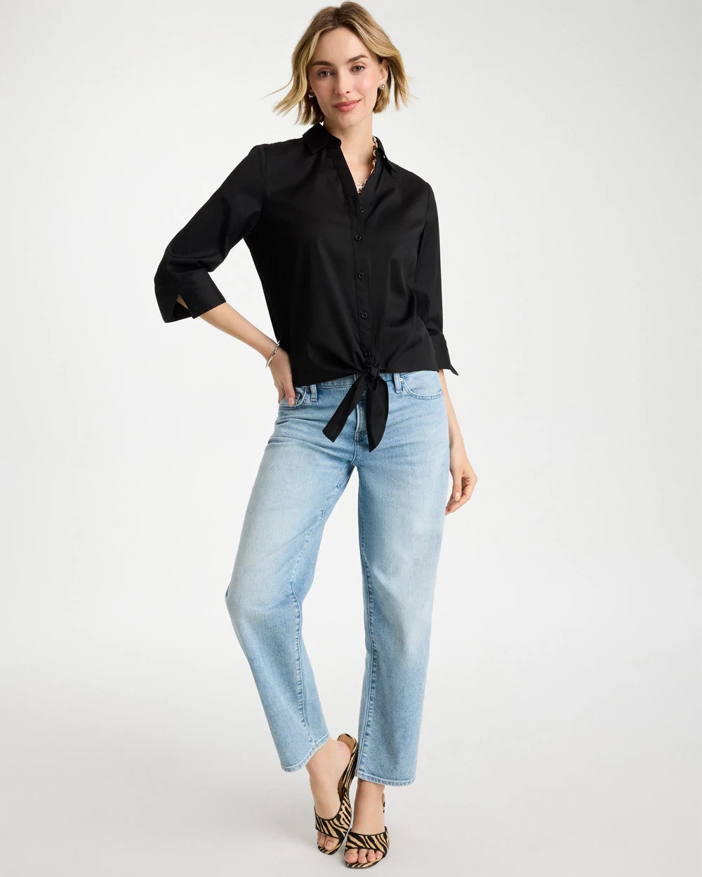 Chico's Sale Black Poplin Cotton Tie-Front Top