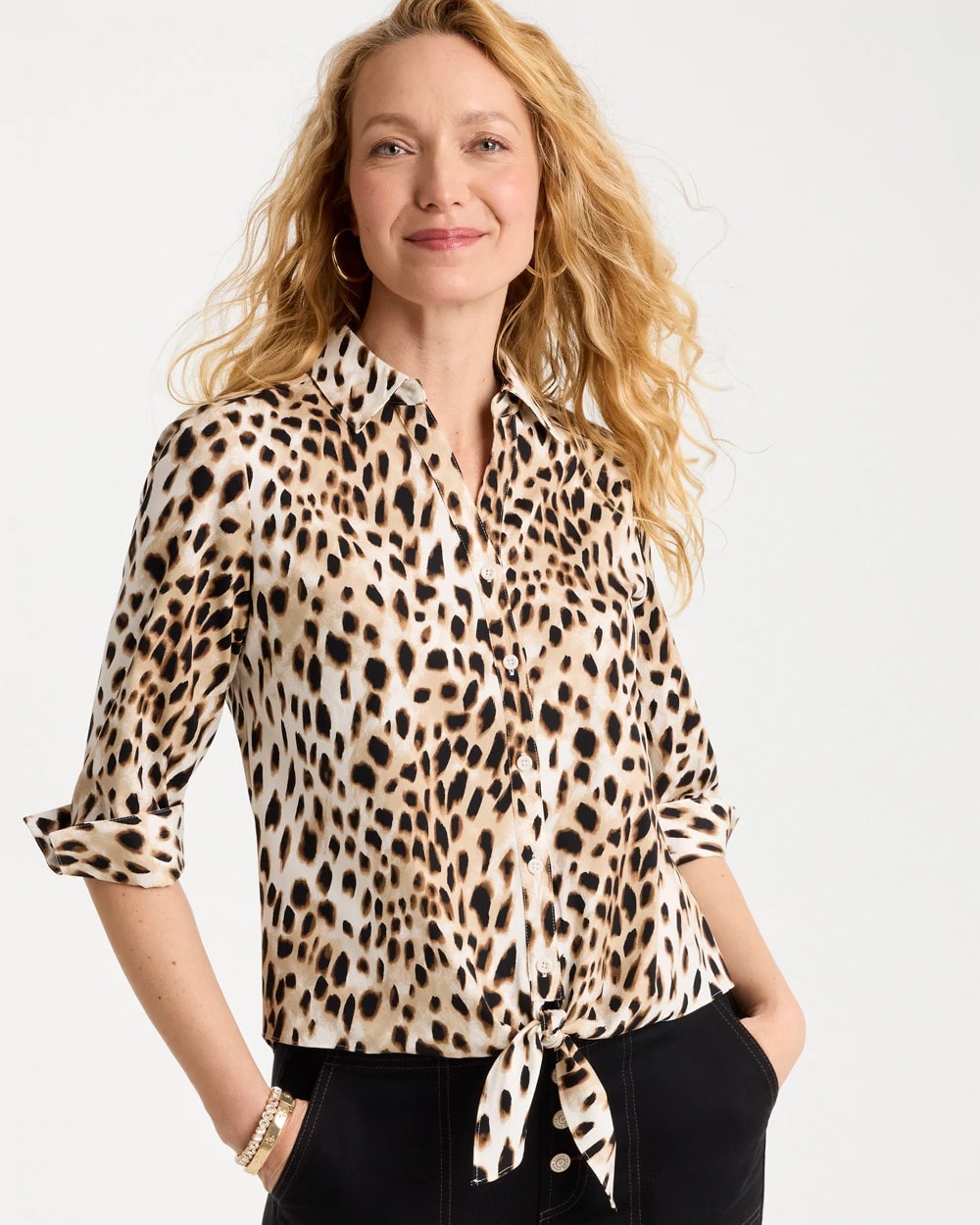 Chico's On Sale Black Poplin Cotton Animal Print Tie-Front Top